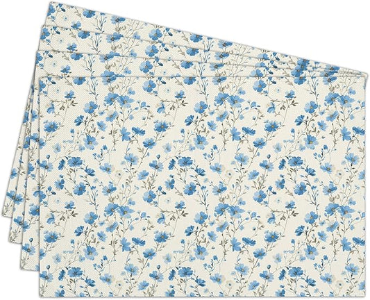 Cotton Linen Waterproof Placemats Set of 4, Blue Floral Dining Mat Table Mats Decor Fabric for Kitchen Dinner Coffee Shop Table, Indoor/Outdoor Washable Wipeable Placemat -N029