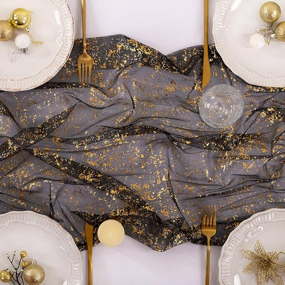 Socomi Gold Black Table Runner Christmas Gauze Sheer Chiffon Cheesecloth Sequin 10FT Glitter Metallic Foil Dining Wedding Birthday Party Fall Winter Anniversary Holiday Centerpiece Table Decor Black