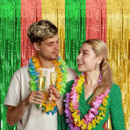 2 Pack Hawaii Party Backdrop Decorations Vibrant Summer Streamers Foil Fringe Curtains Metallic Tinsel Backdrop for Birthday Graduation Baby Shower Christmas Beach Holiday Party Decors