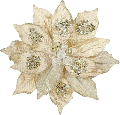 4 Pcs Poinsettia Artificial Christmas Flowers - 11.8" Christmas Flower Picks Large Champagne Gold Glitter Ornaments Silk Floral Stems for Xmas Tree Decoration Wreath Garland Fireplace Stairs Decor