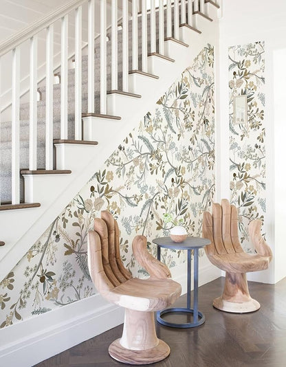 Guvana 16.14"x394" Floral Peel and Stick Wallpaper Leaves Contact Paper Floral and Leaf Wallpaper Colorful Flowers Self Adhesive Wall Paper for Home Wall Decor（Off-White Background）