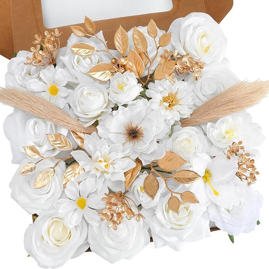 Senseya Artificial Flowers Combo, Milk White Silk Roses, Peonies, Dahlias with Stems for DIY Wedding Bouquets, Baby Shower, Table Centerpieces, Home Decor, Fake Floral Arrangements, Party Decorations
