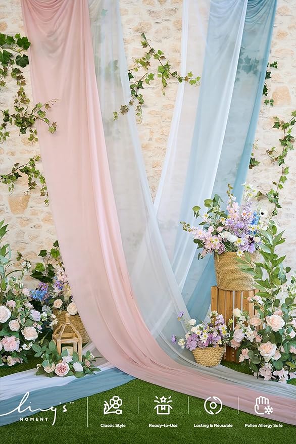 Ling's moment Wedding Arch Draping Fabric 3 Panels 20Ft Blue Chiffon Fabric,Sheer Hanging Drapes Arrangement for Wedding Ceremony Backdrop Party Swag Home Decor (Dusty Blue & Cool Grey & White)