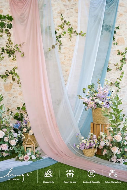 Ling's moment Wedding Arch Draping Fabric 3 Panels 20Ft Blue Chiffon Fabric,Sheer Hanging Drapes Arrangement for Wedding Ceremony Backdrop Party Swag Home Decor (Dusty Blue & Cool Grey & White)