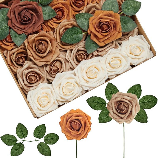 InnoGear Artificial Flowers, 50 Pcs Shades of Earth Tones Foam Fake Roses Bulk with Stems for Autumn Fall Decoration DIY Wedding Bouquets Centerpieces Bridal Shower Party Christmas Tree