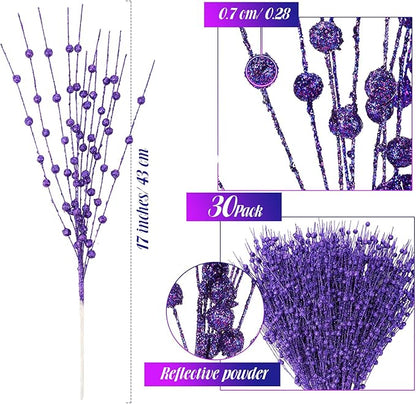 Geosar 30 Pcs Christmas Artificial Glitter Berry Stem Decorations 17 Inch Faux Stick Floral Pick Centerpiece Bouquet Flower Bead Twigs for Centerpiece Tree Wreath Xmas Ornaments Home(Purple)
