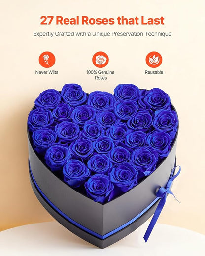 VEVOR Forever Flowers, 27 Preserved Roses in a Heart Shape Box, Eternal Flowers Immortal Bouquet Birthday Present for Women Her Wife Mothers, Anniversary, Valentine's Day,Christmas, Royal Blue