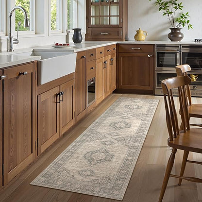 Lahome Oriental Hallway Runner Rug Non Slip, 2.5x8 Kitchen Washable Runner Soft Hallway Rug, Traditional Ultra-Thin Carpet for Bathroom Entryway ‎Laundry Room, Grey/Brown