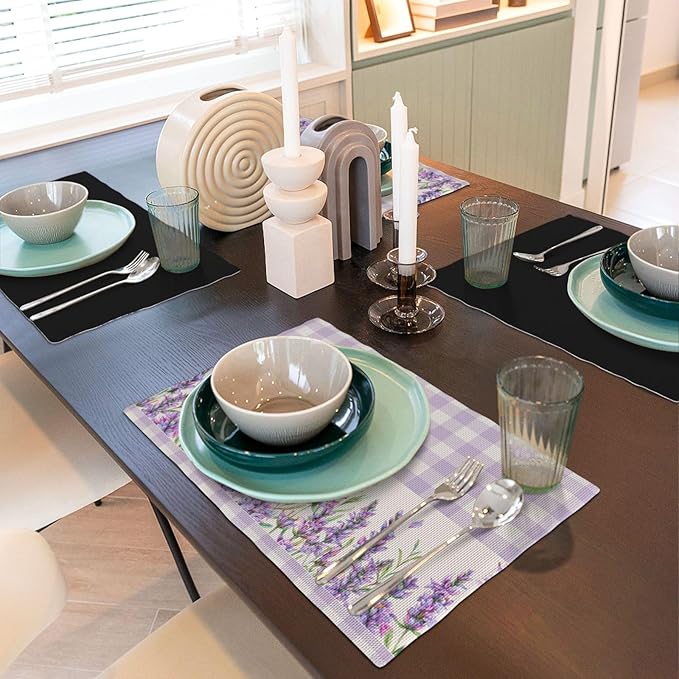 Flowers Leaves Spring Placemats Set of 4,Purple Plaid Background Flower Seasonal Table Mats for Party Kitchen Dining Decoration 4 PCS