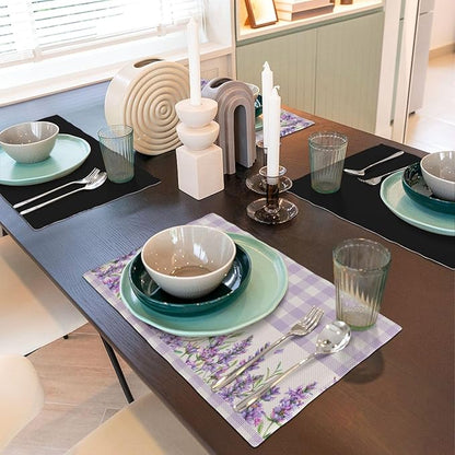 Flowers Leaves Spring Placemats Set of 4,Purple Plaid Background Flower Seasonal Table Mats for Party Kitchen Dining Decoration 4 PCS