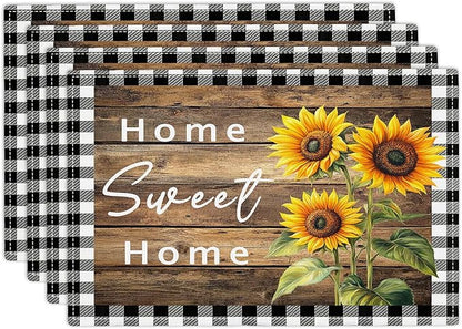 Farmhouse Sunflower Placemats Set of 4, Home Sweet Home Place Mats, Rustic Dining Table Mats, Washable Placemats for Kitchen Dining Room Home Decor 18L'' × 12W''