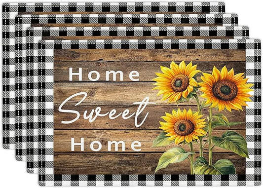 Farmhouse Sunflower Placemats Set of 4, Home Sweet Home Place Mats, Rustic Dining Table Mats, Washable Placemats for Kitchen Dining Room Home Decor 18L'' × 12W''