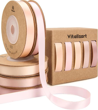 Vitalizart Ribbons for Crafts 3/8" x 50 Yd Satin Ribbon Double Face Gift Wrapping Silk Like Fabric Flower Bouquet Birthday Party Decorations Bridal Shower Wreath Hair Continuous Pink Nude Rose Tan
