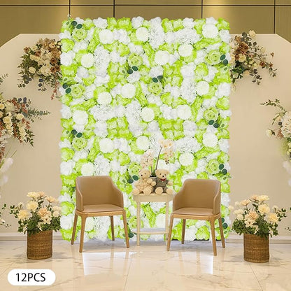 12Pcs Artificial Flower Wall Panel,3D 15" X 15" Silk Rose Mat Artificial Flower Wall,Decorative Backdrop Flower Panels Wall for Wedding Party Stage Baby Shower Decor (Green, White)