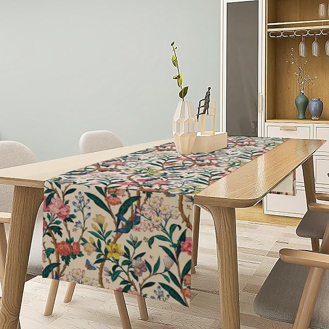 William Morris Vintage Floral Table Runner, Birds Butterflies and Bees Botanical Flower Original Design Print Table Runner for Home Party Dining Room Kitchen Decor 13x120 Inch