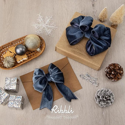 Ribbli Dusty Blue Velvet Wired Ribbon 1.5 Inch Velvet with Satin Christmas Ribbon for Gift Wrapping Christmas Tree Decoration Crafts Wreaths Supplies-Continuous 10 Yards