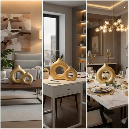 Modern Donut-Shaped Decorative Vases, Handmade Minimalist Boho ins Style, Modern Vase for Home Decor for Wedding Dinner Table Party Living Room Office Bedroom (Gold, Extra Large + Large)