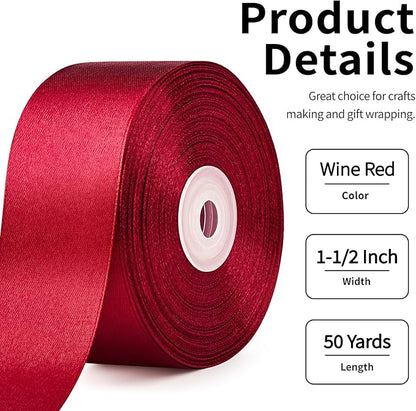 1-1/2 Inch Wide Wine Red Satin Ribbon, 50 Yards Solid Polyester Fabric Ribbon for Roses Making, Gift Wrapping, Christmas, Wedding Decorations, Crafts, Bows