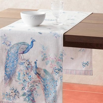 Maison d' Hermine Tablerunner 14.50"x108" 100% Combed Cotton Premium Decorative Runners, Kitchen, Party, Wedding, Restaurant & Camping, Peacock Utopia (Double Layer)