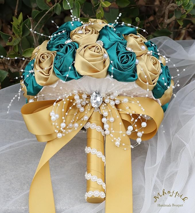 Bridal Wedding Bouquet Round Bling Brooch Bouquet Throw Toss Artificial Rose Flower Bunch for Bride Bridesmaid Wedding Quinceanera(Dark Green & Gold, 8.7")