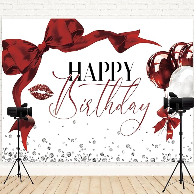 Burgundy Bow Backdrop 8Wx6H Photography Girls Coquette Happy Birthday Decorations Lips Diamond Balloons Background Women Bachelorette Party Decorations Banner Photo Booth Props Supplies