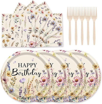 72Pcs Fall Wildflower Plates and Napkins, Floral Birthday Party Supplies Autumn Wildflower Paper Plates and Napkins Forks Tableware Decorations for Fall Picnic Tea Party Baby Shower Birthday, Serve 24