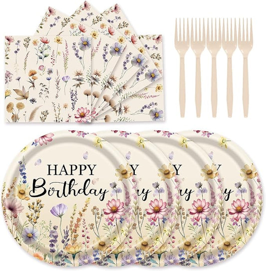 72Pcs Fall Wildflower Plates and Napkins, Floral Birthday Party Supplies Autumn Wildflower Paper Plates and Napkins Forks Tableware Decorations for Fall Picnic Tea Party Baby Shower Birthday, Serve 24