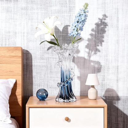 9.8" H Blue Blown Glass Vase, Modern Art Hand Blown Coastal Vase,Beautiful Unique Ocean Wave Centerpieces for Living Room, Bedroom, Office Desktop,Coffee Table and Wedding Decorative (M)