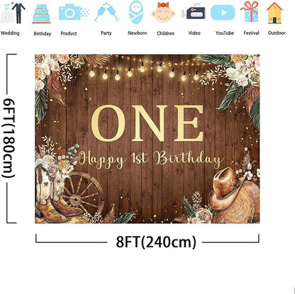 SVBright Western Cowgirl First Birthday Backdrop 8Wx6H One Year Old Pampas Grass Country West Rustic Wooden Flower Retro Boots Hat Decorations Photography Background Banner Photo Booth Studio