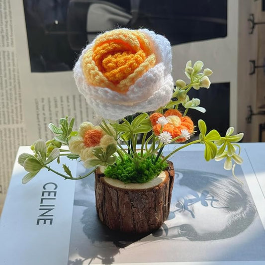 Handmade Crochet Rose Bouquet Knitted Creative Potted Plant Cute Home Desktop Decorations and Gifts for Friends, Lovers, Classmates (Yellow Roses)