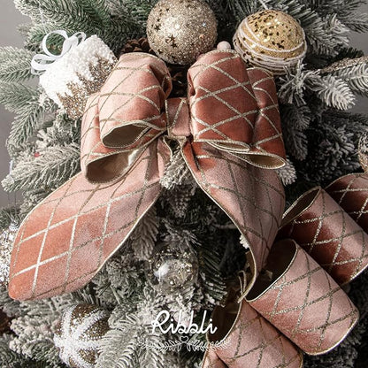 Ribbli Rose Gold Velvet Ribbon Wired with Glitter Diamond Grid 4 Inch Christmas Ribbon for Christmas Tree Decoration Big Bow Gift Wrapping Crafts Wreaths Garland Supplies - 10 Yards
