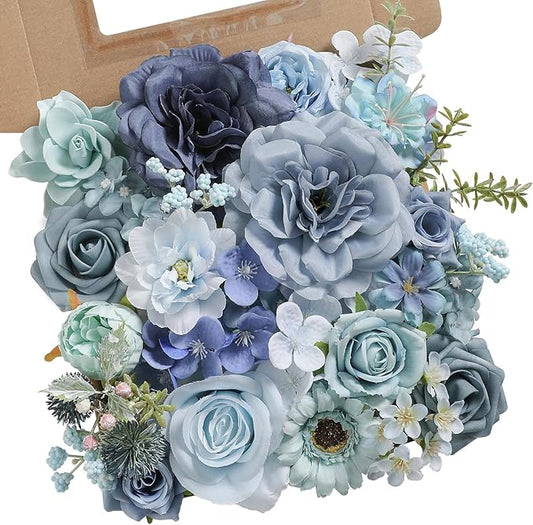 Artificial Flowers Combo Box Blue Flowers Silk Fake Roses with Stems for DIY Wedding Bridal Bouquets,Table Centerpieces,Cake Floral Arrangement,Baby Shower,Birthday Party Home Decorations