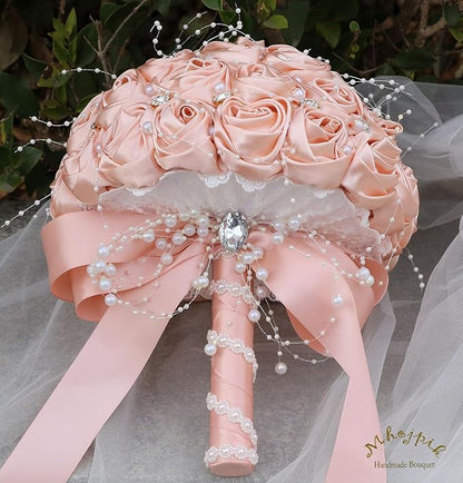 Bridal Wedding Bouquet Round Bling Brooch Bouquet Throw Toss Artificial Rose Flower Bunch for Bride Bridesmaid Wedding Quinceanera(Peach Pink, 7.5")