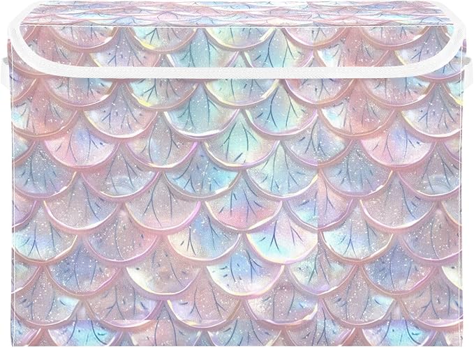 senya Baskets Collapsible Storage Bins with Lids, Pastel Sheer Mermaid Scales Storage Boxes Clothes Baskets for Organizing, B06D22020