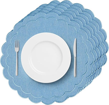 Set of 6 Blue Cotton Linen Placemats, 15x15 Scalloped Flower Embroidery Cloth Table Mats Double Layered Fabric Machine Washable Wrinkle Free Dining Placemat for Hotel Restaurant Kitchen Decor