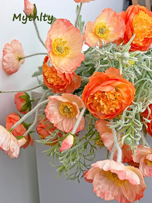 Set of 6 Poppies Flowers Artificial Silk Flowers with Long Stems Faux Wildflowers Bouquet for Vases Oil Pastel Style for Wedding Party Indoor Home Office Decor (Gradient Coral)