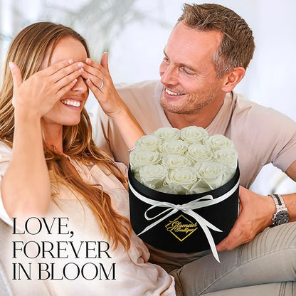 GLAMOUR BOUTIQUE Flowers Forever Gift Box 12 Real Preserved Roses in a Velvet Black Box, Birthday Gift for Her Mom and Wife, Mothers Day, Anniversary, Graduation - White
