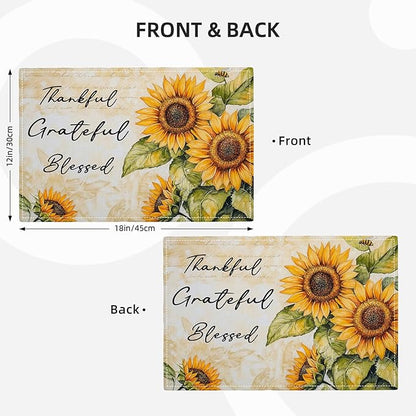 Farmhouse Sunflower Placemats Set of 6, Thankful Grateful Blessed Place Mats, Rustic Bee Dining Table Mats, Washable Placemats for Kitchen Dining Room Home Decor 18L'' × 12W''