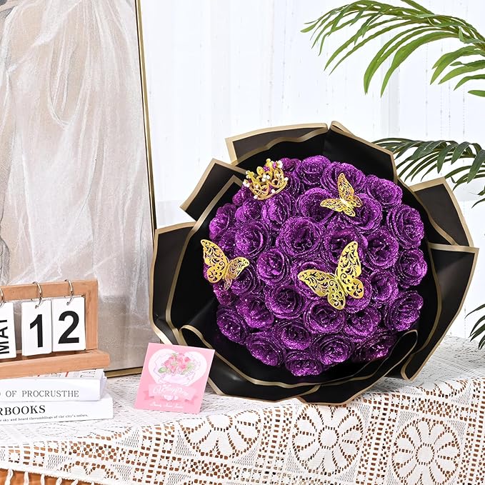 Waipfaru Glitter Roses Bouquet, DIY Fake Flowers Bouquet, Birthday Gifts for Women Mom, 24 Pcs Purple Rose for Wife Girlfriend Valentines, Mothers Day, Anniversary, Graduation