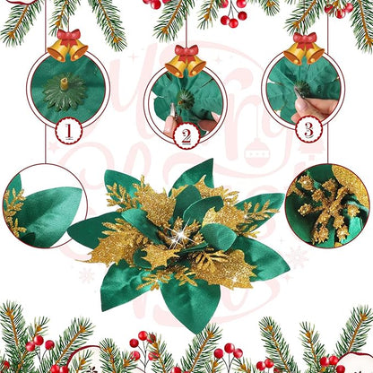 Geosar 24 Christmas Glitter Artificial Poinsettia Flowers Xmas Poinsettia Artificial Wedding Flowers Decorations Xmas Tree Ornaments with Clips for Party Favors, 6 Inch, 4 Inch, 3 Inch (Green, Gold)