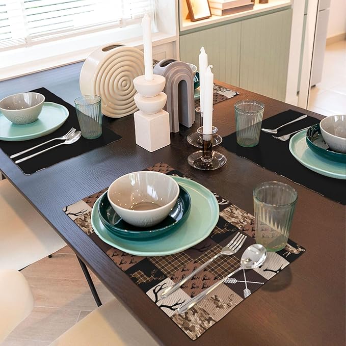 Vintage Camouflage Bear Moose Place Mats Set of 6 Pine Tree Wild Animal Kitchen Dining Table Mat for Indoor Outdoor Decorations 12 X 18 Inch 6 PCS, Style-21