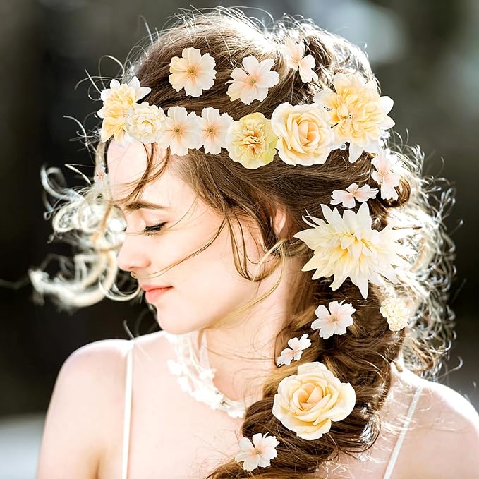 56 Pcs Champagne Artificial Flower Bulk, Fake Flower Heads for Crafts - Faux Mini Fabric Rose Daisy Hydrangea Carnation Mix for DIY Wedding Bouquets Garland Hair Cap Cake Party Home Decoration