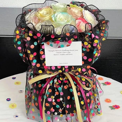Oakbud Flower Wrapping Mesh Paper DIY Rainbow Polka Dots Tulle Floral Bouquet Gift Packaging Materials Craft Net Paper Florist Supplies Holiday Wedding Birthday Decoration 19.7inch x 1.64Yard (Black)