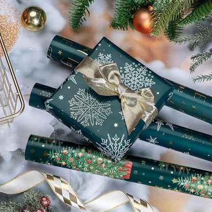 WRAPAHOLIC Christmas Wrapping Paper Roll - Mini Roll - 3 Rolls - 17 Inch x 120 Inch Per Roll - Green Christmas Tree and Snowflake Holiday Design with Metallic Foil Shine