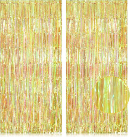 2 Pack Neon Green Foil Fringe Backdrop Curtains Party Decoration, 3.2 x 8.2 ft Tinsel Backdrop Curtains for Parties Photo Booth Wedding Graduations Birthday Party Supplies (Iridescent Green)