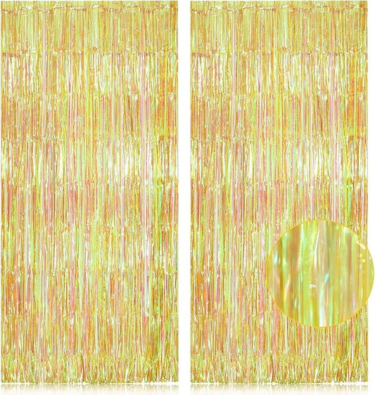 2 Pack Neon Green Foil Fringe Backdrop Curtains Party Decoration, 3.2 x 8.2 ft Tinsel Backdrop Curtains for Parties Photo Booth Wedding Graduations Birthday Party Supplies (Iridescent Green)