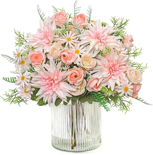 4PCS Artificial Flowers Dahlia Bouquet Fake Flowers Pink Silk Roses Daisies Faux Floral Arrangements for Dining Table Centerpieces for Kitchen Bridal Bouquet Wedding Party Home Decor