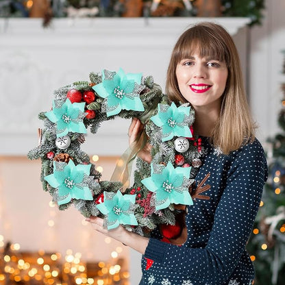 Boao 24 Pieces Christmas Artificial Glitter Poinsettia Flowers Xmas Flowers Wedding Christmas Tree New Year Ornaments(Blue Green)