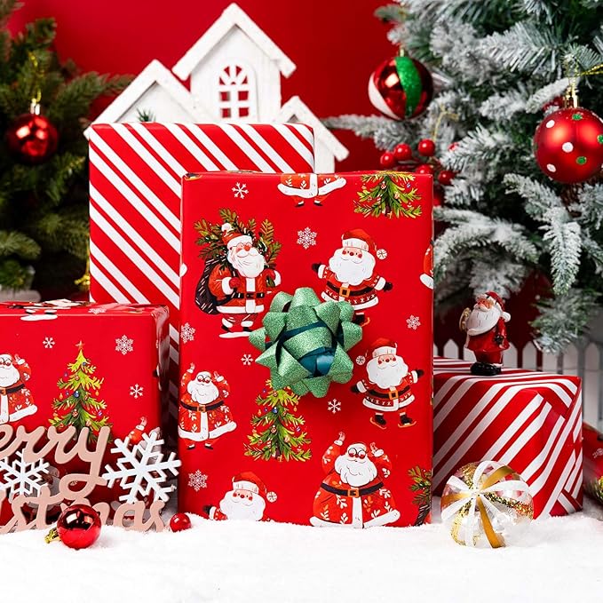 MAYPLUSS Red Christmas Wrapping Paper - 17 Inch X 33 Feet - Cute Santa Claus Christmas Tree Reversible Strip Gift Wrapping Paper, Metallic Foil Thick Gift Wrap Paper for Holiday Party New Year Kids