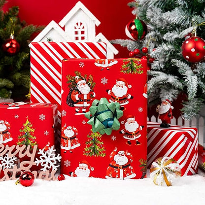 MAYPLUSS Red Christmas Wrapping Paper - 17 Inch X 33 Feet - Cute Santa Claus Christmas Tree Reversible Strip Gift Wrapping Paper, Metallic Foil Thick Gift Wrap Paper for Holiday Party New Year Kids